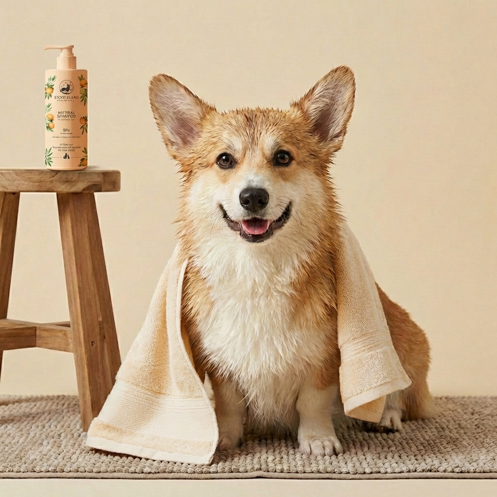 Happy Corgi After Bath with Storm Guard Shampoo